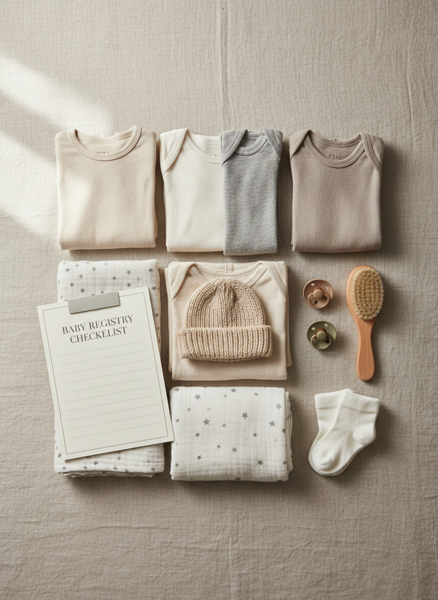 A close-up, overhead photographic view of a carefully curated newborn essentials flat lay on a light linen backdrop. Laid out in an organized grid are neutral-toned onesies, a tiny knit hat, soft muslin swaddles, silicone pacifiers, a wooden hairbrush, and a pair of miniature cotton socks. A folded checklist notepad is partially visible with blank lines, suggesting a baby registry in progress, without readable text. Soft, diffused natural light from the side creates gentle shadows and highlights the textures of fabric and wood. The composition follows the rule of thirds, with negative space for text overlay. The atmosphere is organized, informative, and serene, aligning with a professional parenting and baby planning guide.